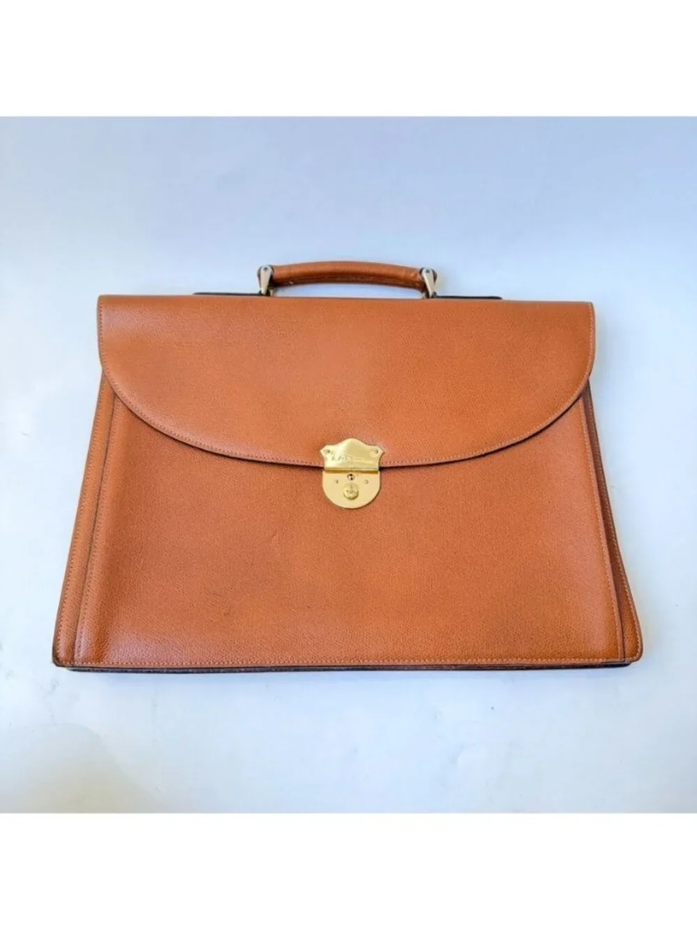 Vintage Lancel Paris Tan Brown Textured Leather Briefcase Top Handle Bag